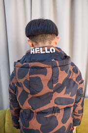 Brown Brushstrokes 'Hello' Puffer Jacket