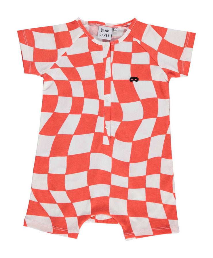 Red Orange Check Short Sleeve Romper